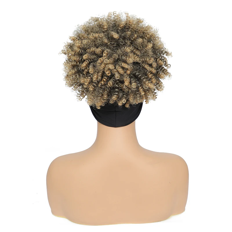 Ombre Headband Wig Short Afro Kinky Curly Headband Wig with Bangs for Women Natural Synthetic Curly Wigs with Head Wrap