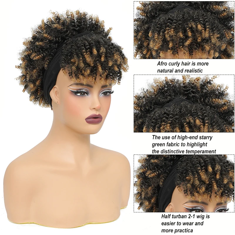 Ombre Headband Wig Short Afro Kinky Curly Headband Wig with Bangs for Women Natural Synthetic Curly Wigs with Head Wrap