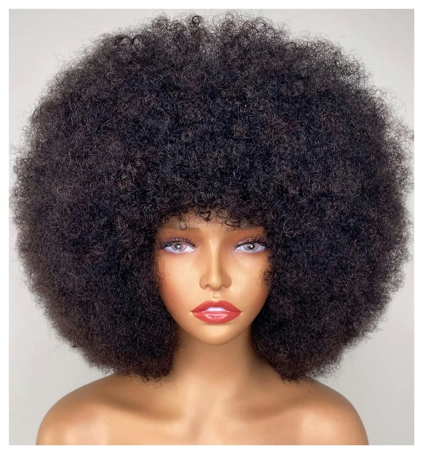 Afro Kinky Curly Short Human Hair Wigs With Thick Bangs Fluffy Natural Bob Wig Glueless Brazilian Full Machine Made Wigs On Sale