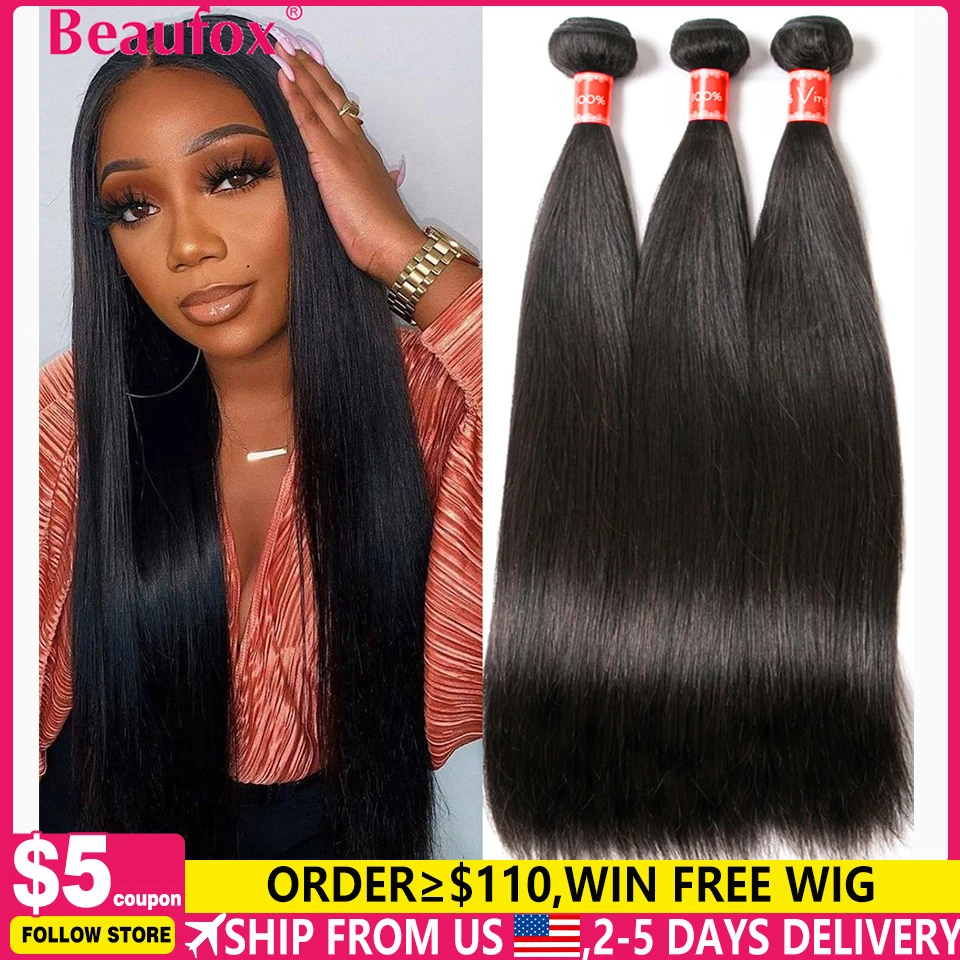Beaufox Peruvian Hair Bundles Straight Human Hair Weave Bundles Remy Hair Extension Natural Black 1/3/4 Pcs 8-30 Inches