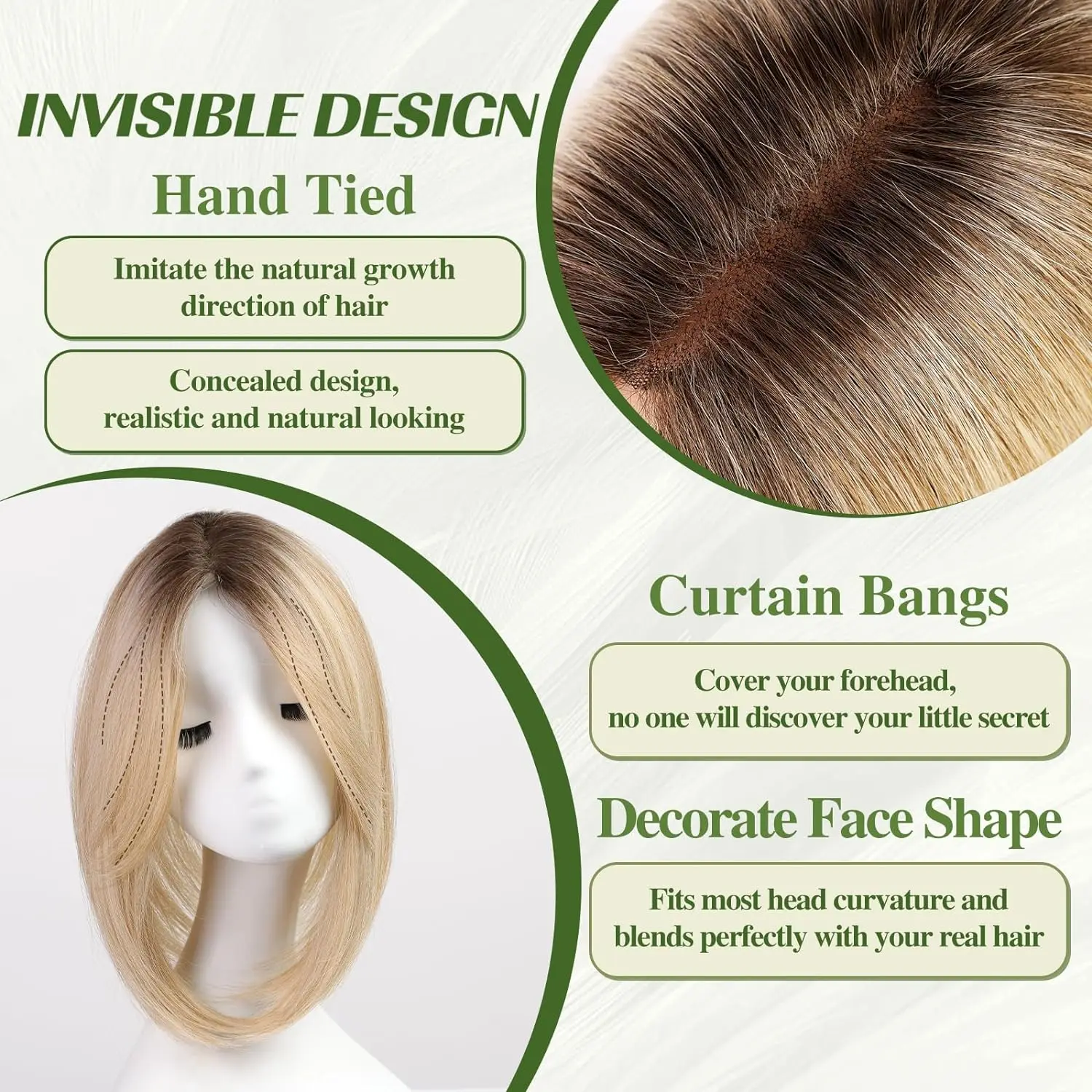 14 Inch Ombre Blonde Layered Hair Topper with Bangs for Women Synthetic Hair Toppers Swiss Base with 3 Clips for Thinning Hair