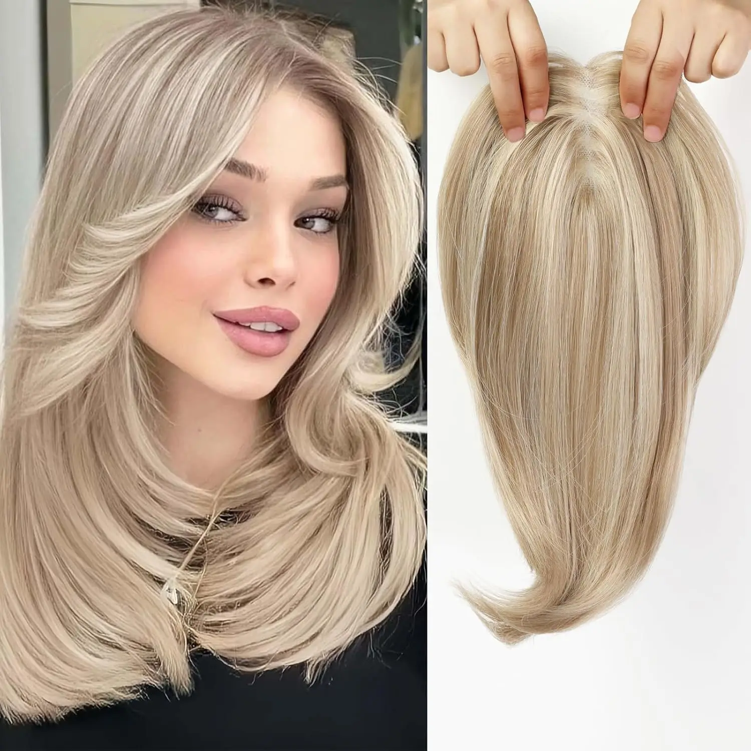 14 Inch Ombre Blonde Layered Hair Topper with Bangs for Women Synthetic Hair Toppers Swiss Base with 3 Clips for Thinning Hair