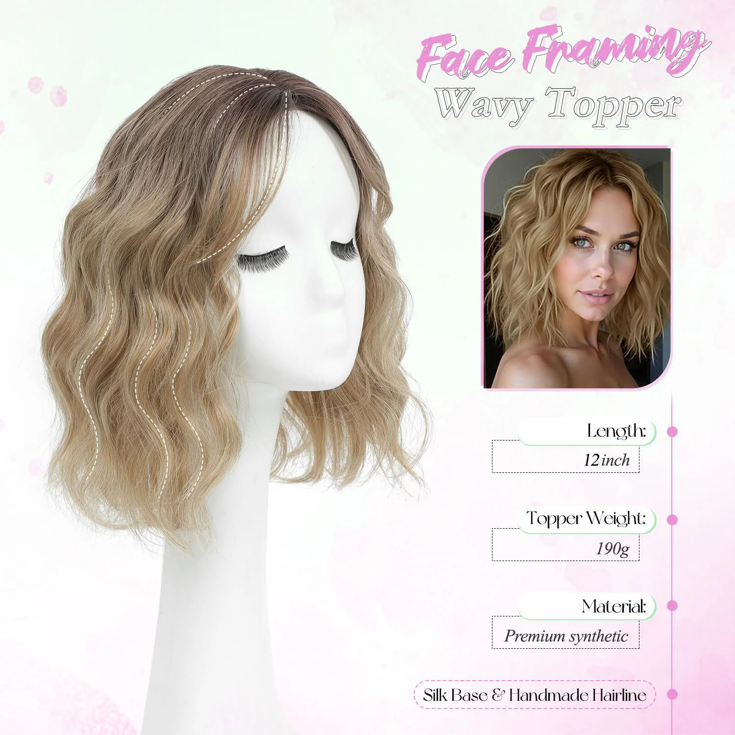 Brown Blonde Ombre Hair Toppers With Bangs 12in Hairline Lace Synthetic Topper Hair Pieces For Women Wavy Topper Hair Extensions