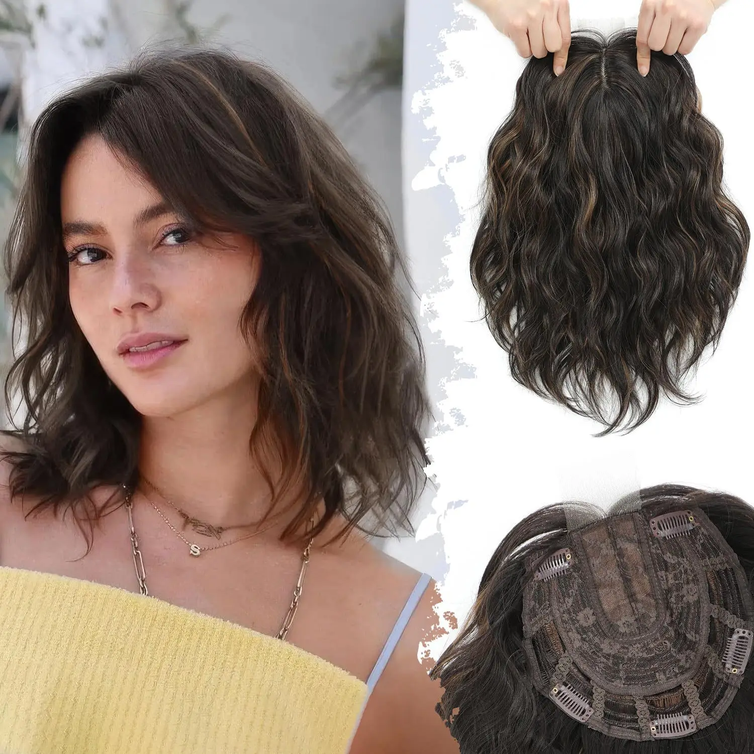 Brown Blonde Ombre Hair Toppers With Bangs 12in Hairline Lace Synthetic Topper Hair Pieces For Women Wavy Topper Hair Extensions