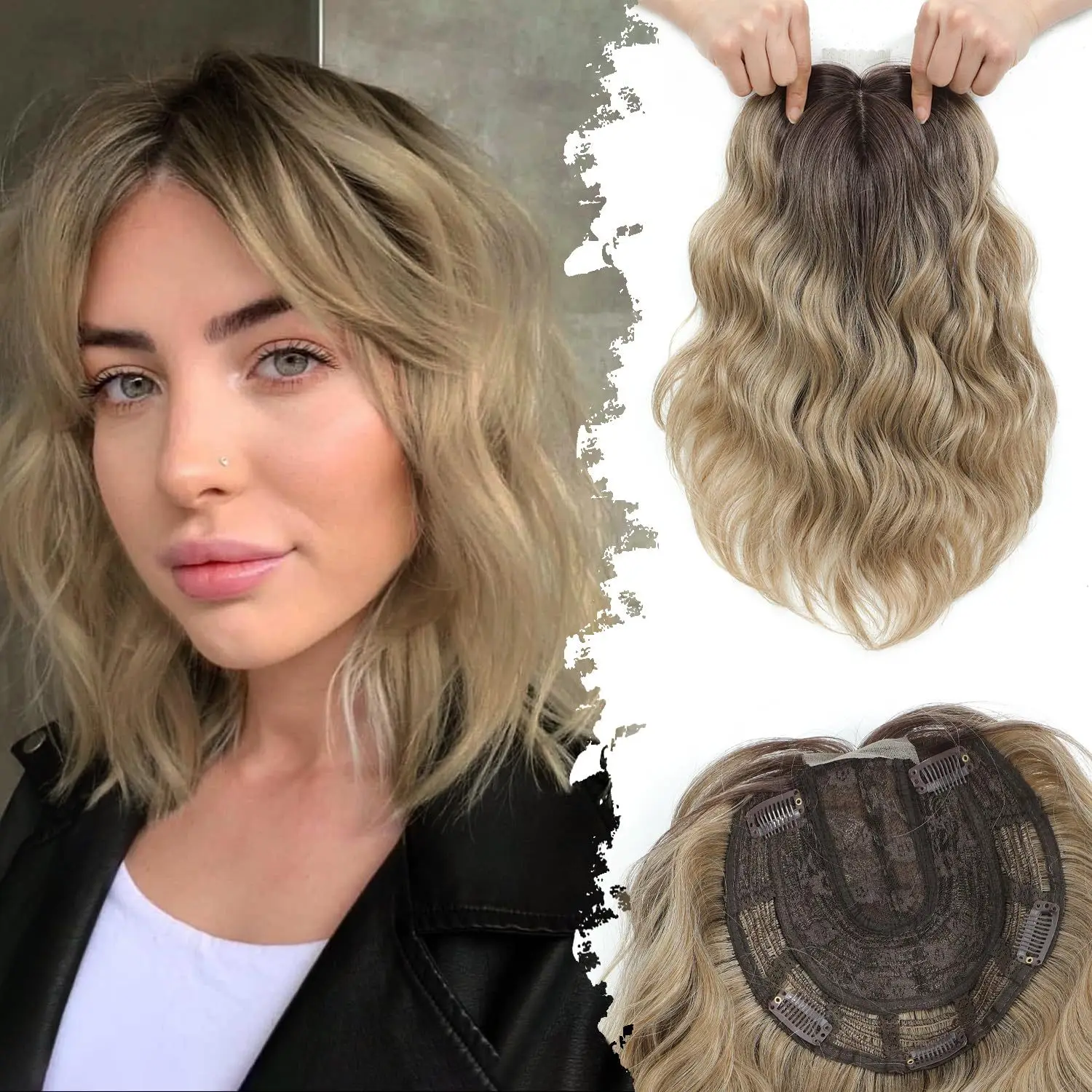 Brown Blonde Ombre Hair Toppers With Bangs 12in Hairline Lace Synthetic Topper Hair Pieces For Women Wavy Topper Hair Extensions