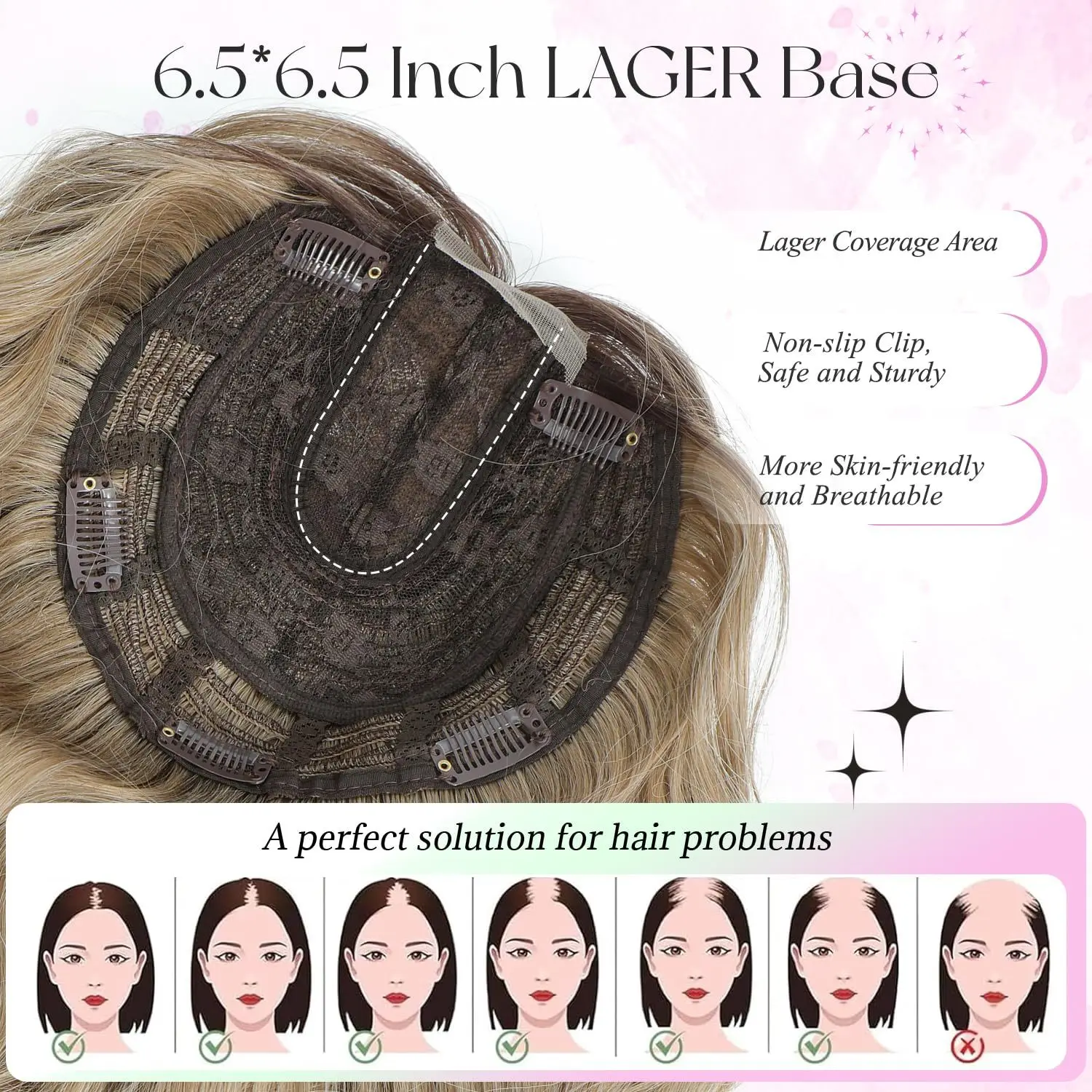 Brown Blonde Ombre Hair Toppers With Bangs 12in Hairline Lace Synthetic Topper Hair Pieces For Women Wavy Topper Hair Extensions