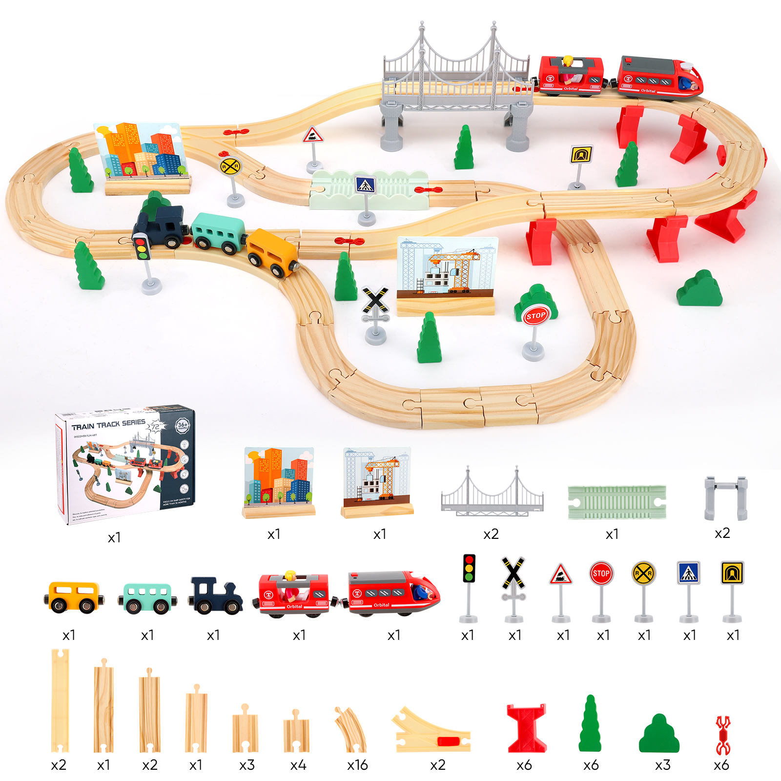 72/108 Pieces Montessori Set Of Children's Toy Wood Trains, Cars, Engineering Railway Wooden Train set Gift For Boys And Girls