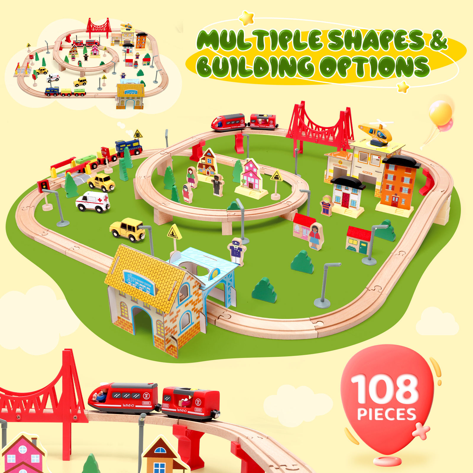 72/108 Pieces Montessori Set Of Children's Toy Wood Trains, Cars, Engineering Railway Wooden Train set Gift For Boys And Girls