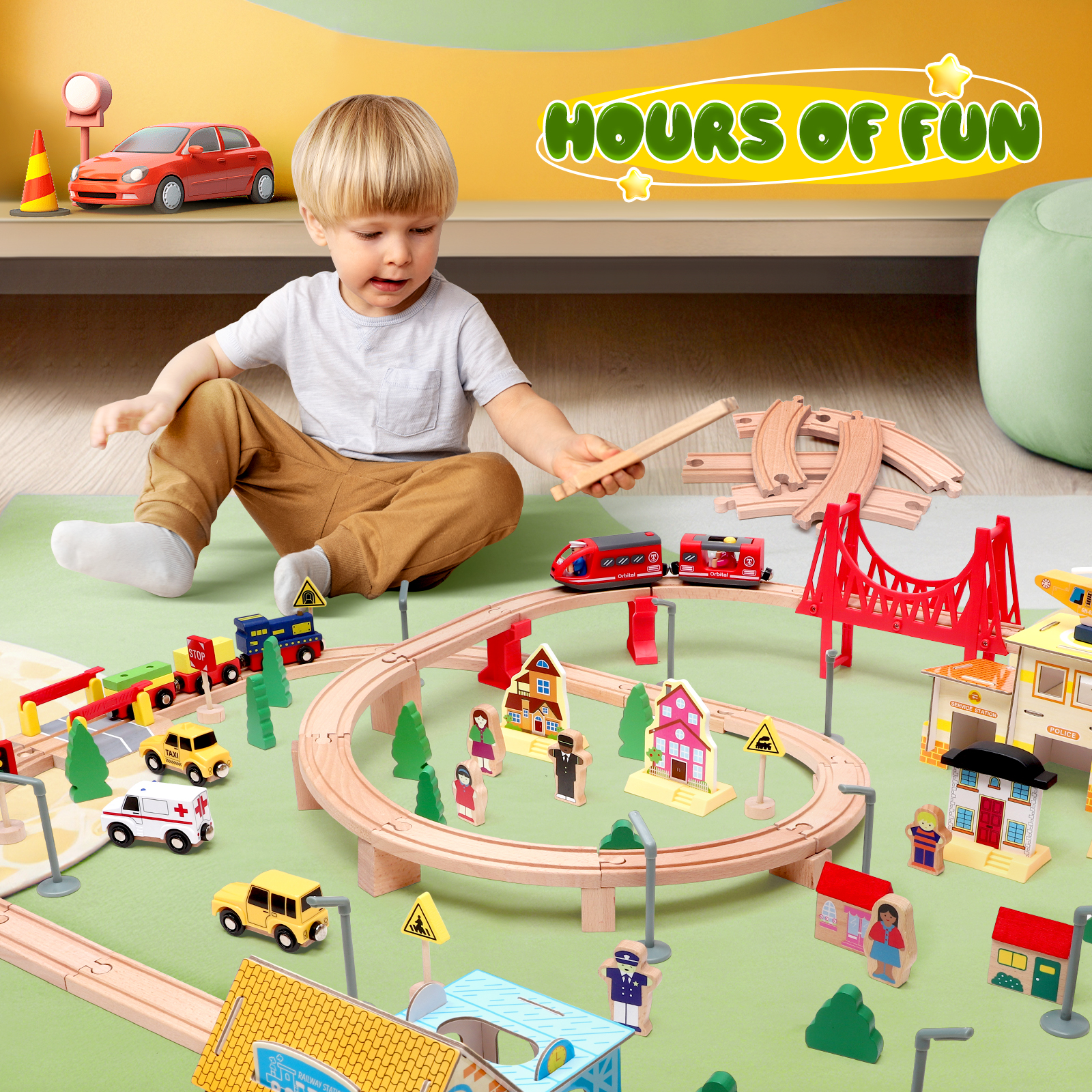 72/108 Pieces Montessori Set Of Children's Toy Wood Trains, Cars, Engineering Railway Wooden Train set Gift For Boys And Girls