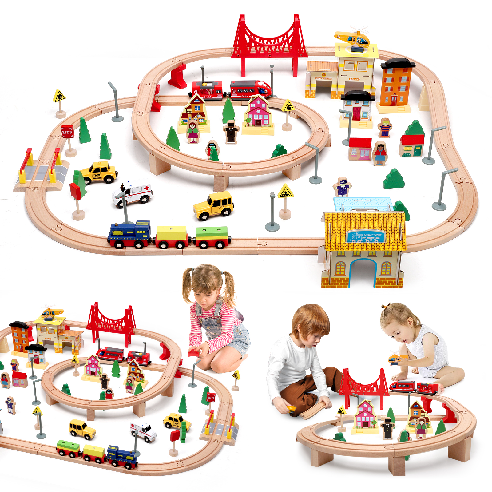72/108pcs Montessori Set Of Children's Toy Wood Trains, Cars, Engineering Railway Wooden Train set Gift For Boys And Girls