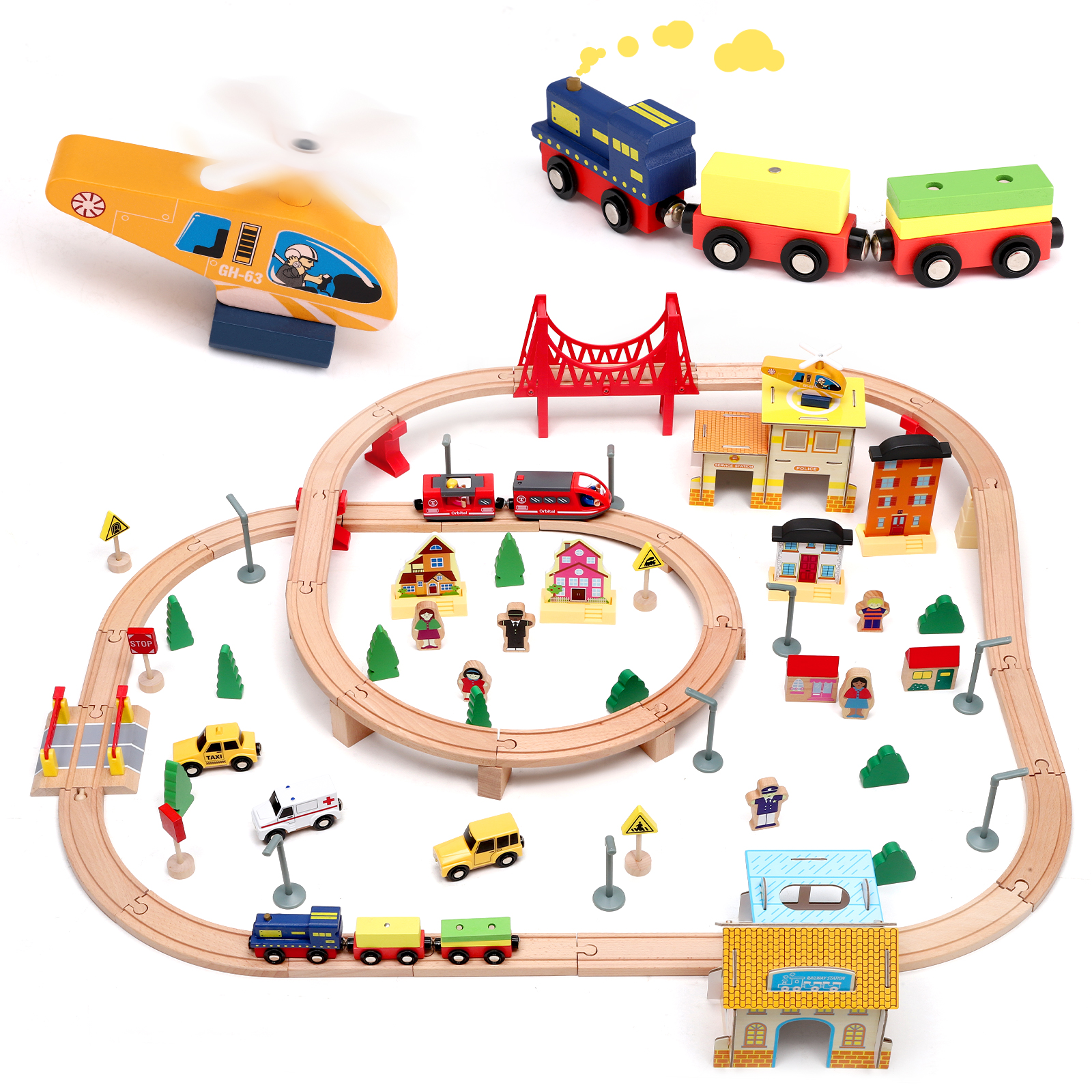 72/108pcs Montessori Set Of Children's Toy Wood Trains, Cars, Engineering Railway Wooden Train set Gift For Boys And Girls