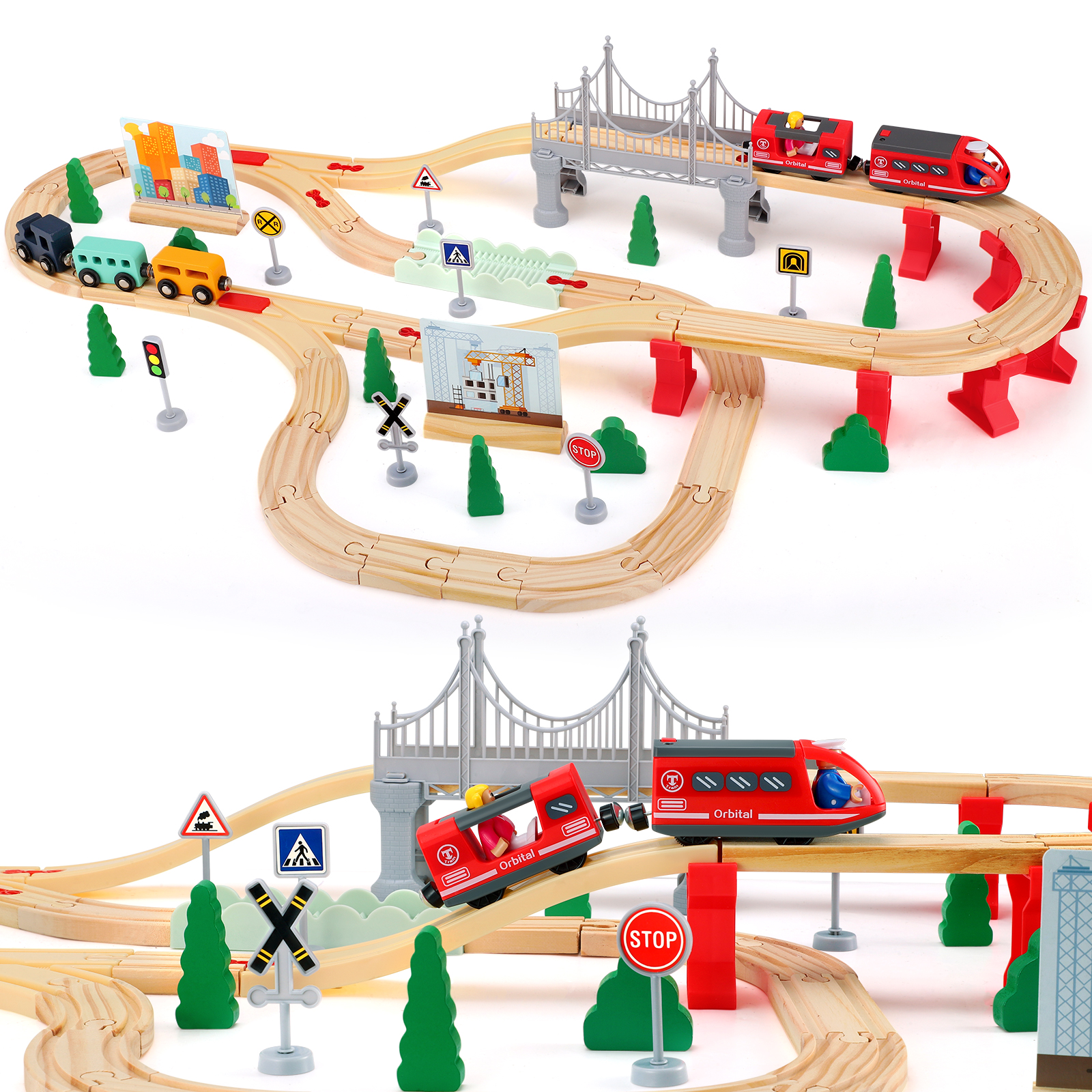 72/108pcs Montessori Set Of Children's Toy Wood Trains, Cars, Engineering Railway Wooden Train set Gift For Boys And Girls