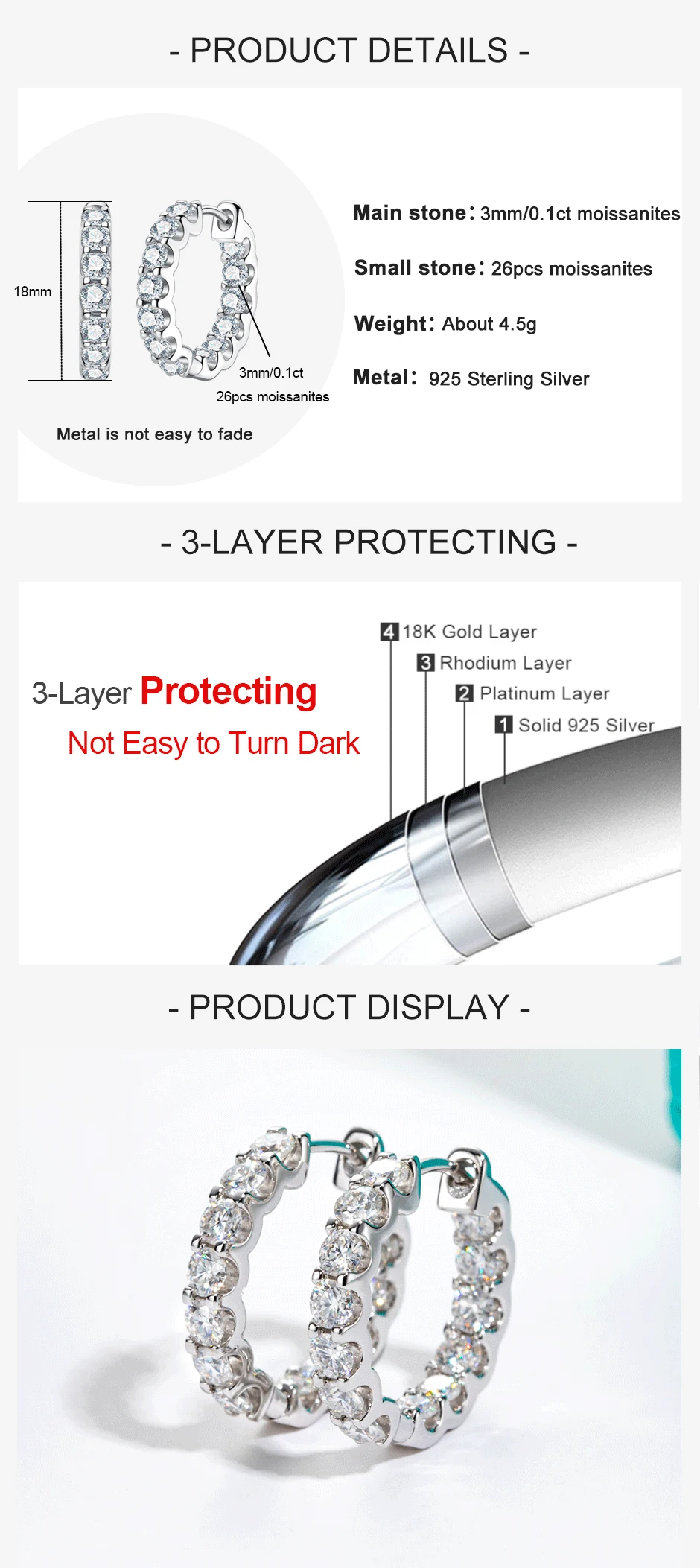 AnuJewel 3mm 2.6cttw D Color Moissanites Hoop Earrings 925 Sterling Silver Luxury Huggie Earring for Women Jewelry Wholesale