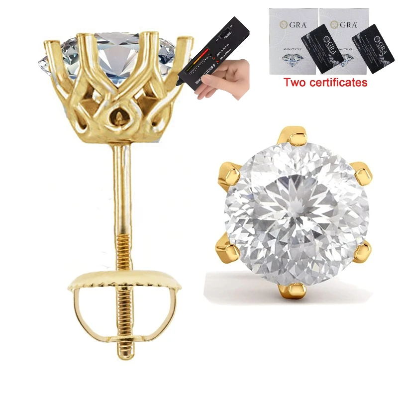 100% S925 silvery Portuguese cut D moissanite screw back 6 prong stud earring for women golden plated yellow golden plated  GRA