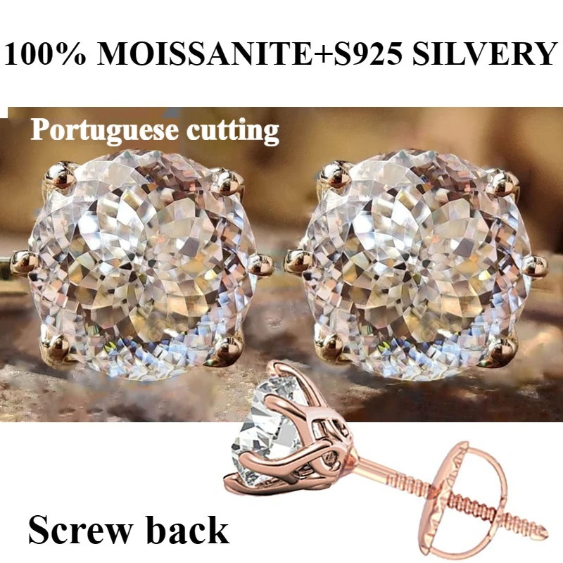 100% S925 silvery Portuguese cut D moissanite screw back 6 prong stud earring for women golden plated yellow golden plated  GRA