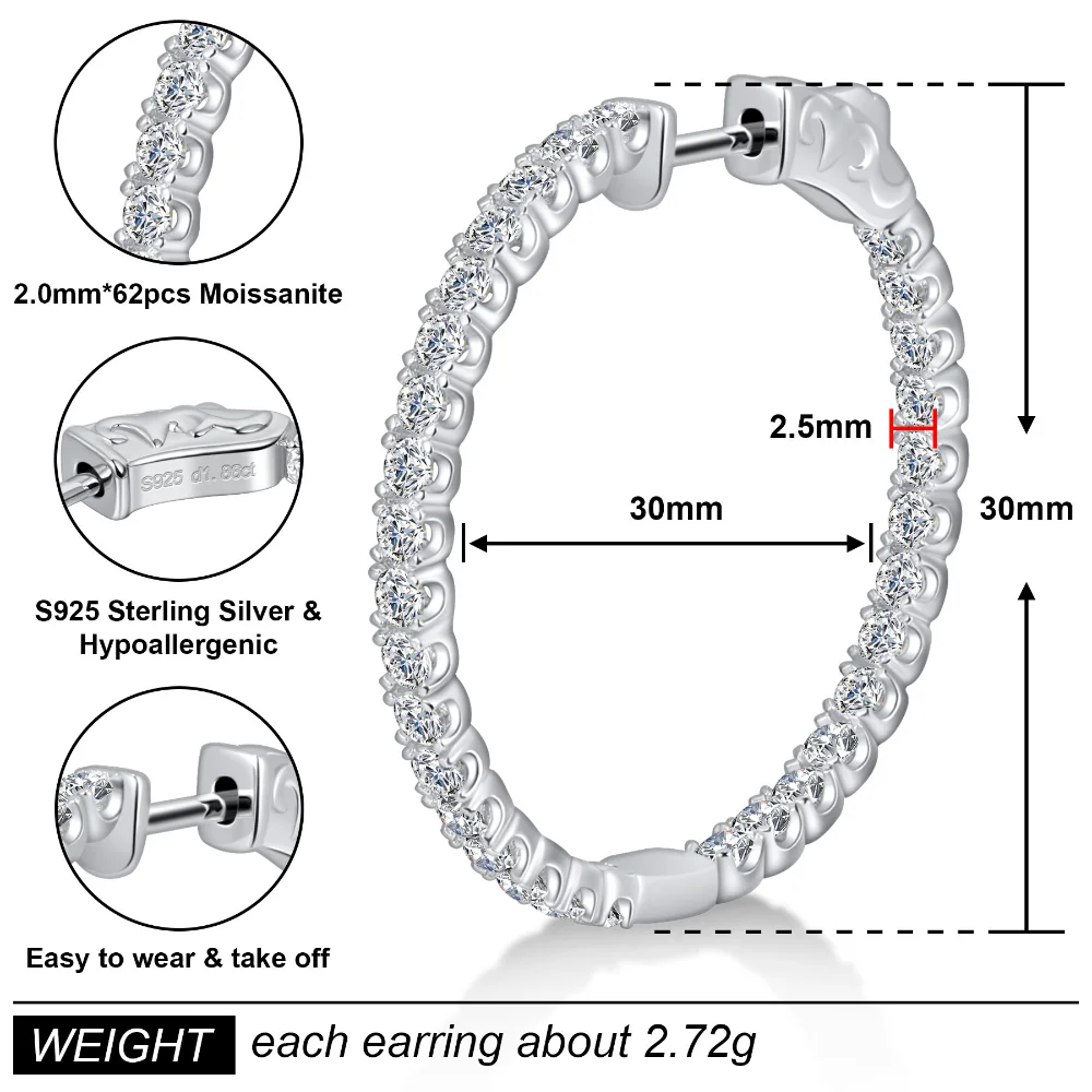 LinkerLove Moissanite Hoop Earrings for Women Gold Plate 925 Sterling Silver Diamond Earrings Bridal Luxury Wedding Fine Jewelry