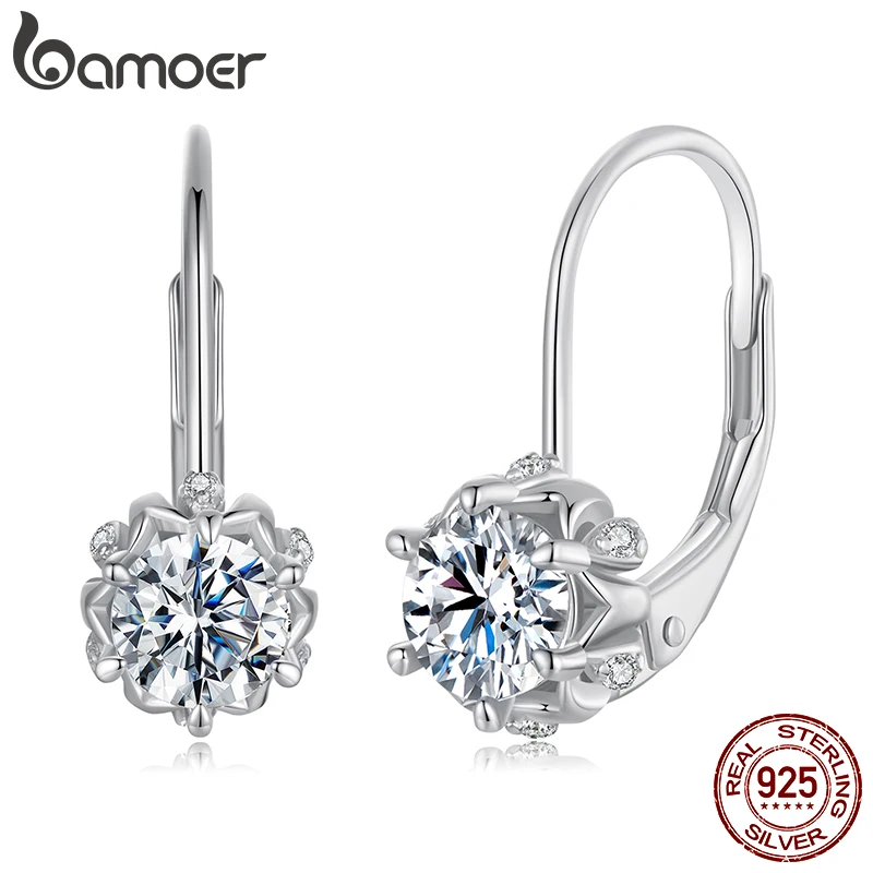 BAMOER Platinum Plated Moissanite Flower Earrings for Women, Round Cut Lab Diamond 925 Sterling Silver Hypoallergenic Earrings
