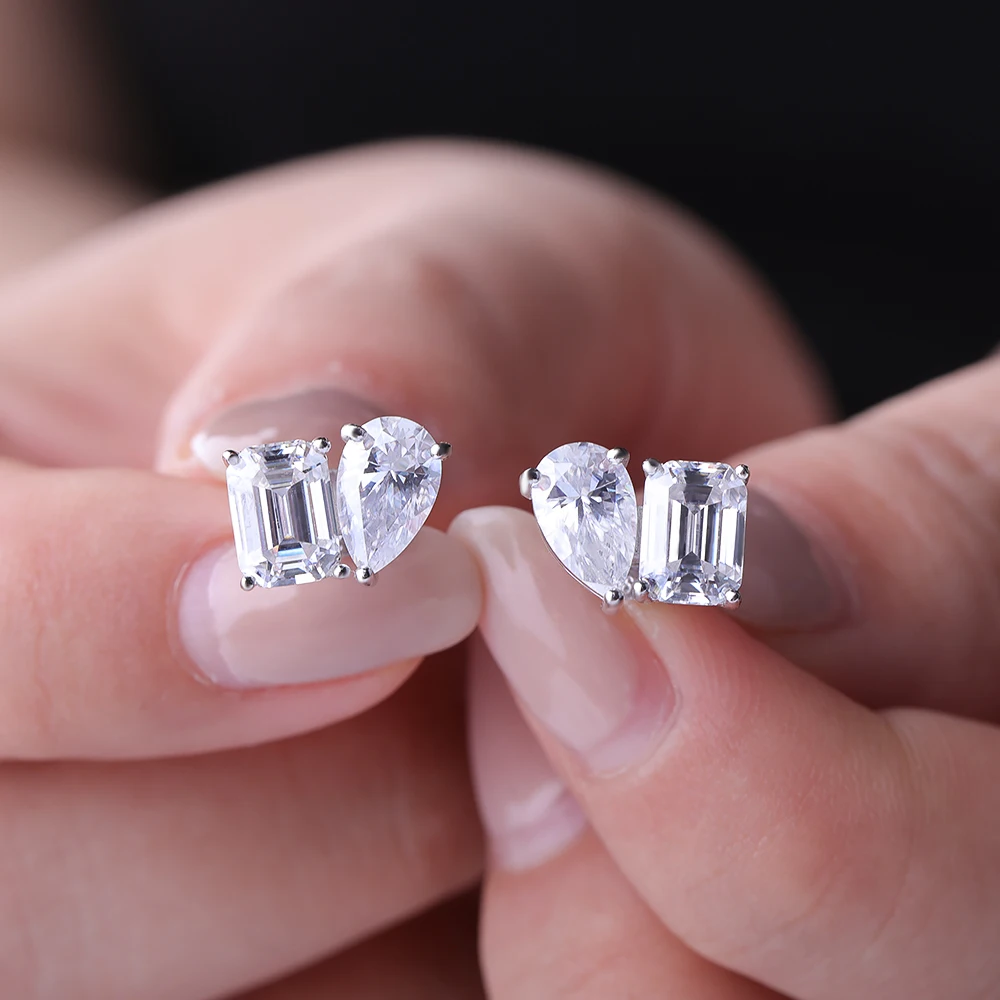 18K Gold Two Stone Moissanite Stud Earrings for Women 4cttw Pear Emerald Cut Moissanite Diamond Earring S925 Silver Jewelry Gift 18K Gold Two Stone Moissanite Stud Earrings for Women 4cttw Pear Emerald Cut Moissanite Diamond Earring S925 Silver Jewelry Gift