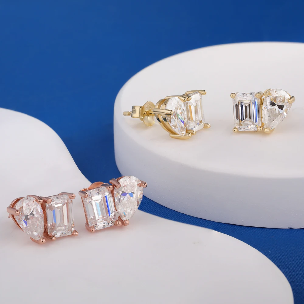 18K Gold Two Stone Moissanite Stud Earrings for Women 4cttw Pear Emerald Cut Moissanite Diamond Earring S925 Silver Jewelry Gift 18K Gold Two Stone Moissanite Stud Earrings for Women 4cttw Pear Emerald Cut Moissanite Diamond Earring S925 Silver Jewelry Gift