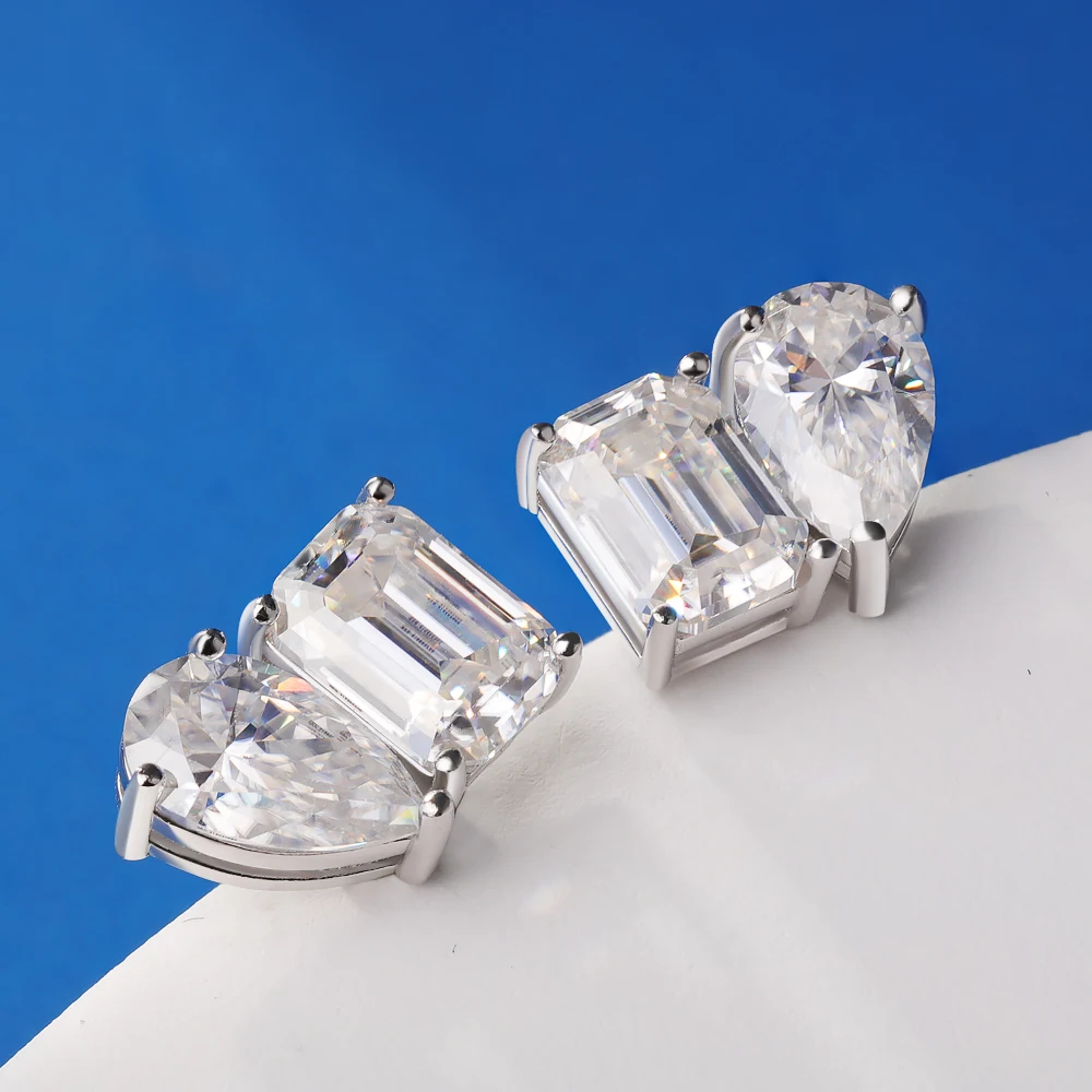 18K Gold Two Stone Moissanite Stud Earrings for Women 4cttw Pear Emerald Cut Moissanite Diamond Earring S925 Silver Jewelry Gift 18K Gold Two Stone Moissanite Stud Earrings for Women 4cttw Pear Emerald Cut Moissanite Diamond Earring S925 Silver Jewelry Gift