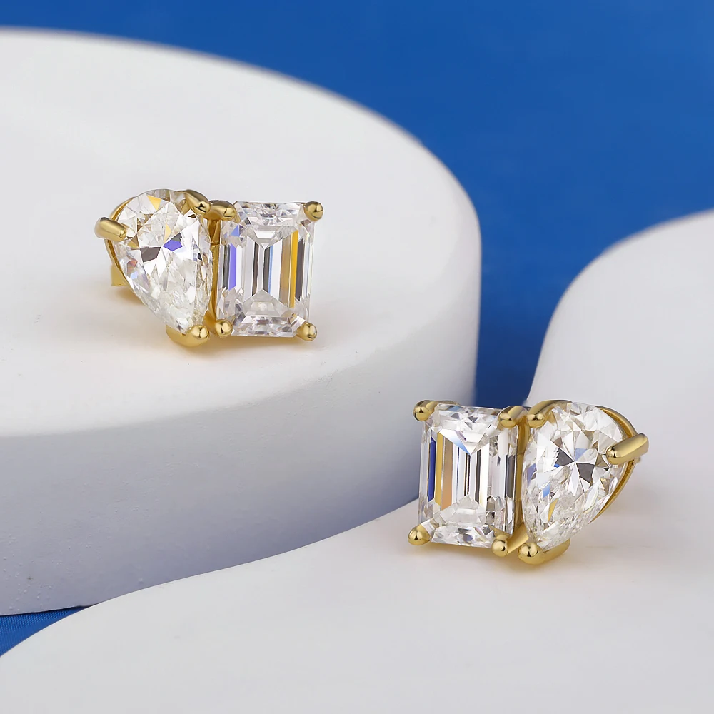 18K Gold Two Stone Moissanite Stud Earrings for Women 4cttw Pear Emerald Cut Moissanite Diamond Earring S925 Silver Jewelry Gift 18K Gold Two Stone Moissanite Stud Earrings for Women 4cttw Pear Emerald Cut Moissanite Diamond Earring S925 Silver Jewelry Gift