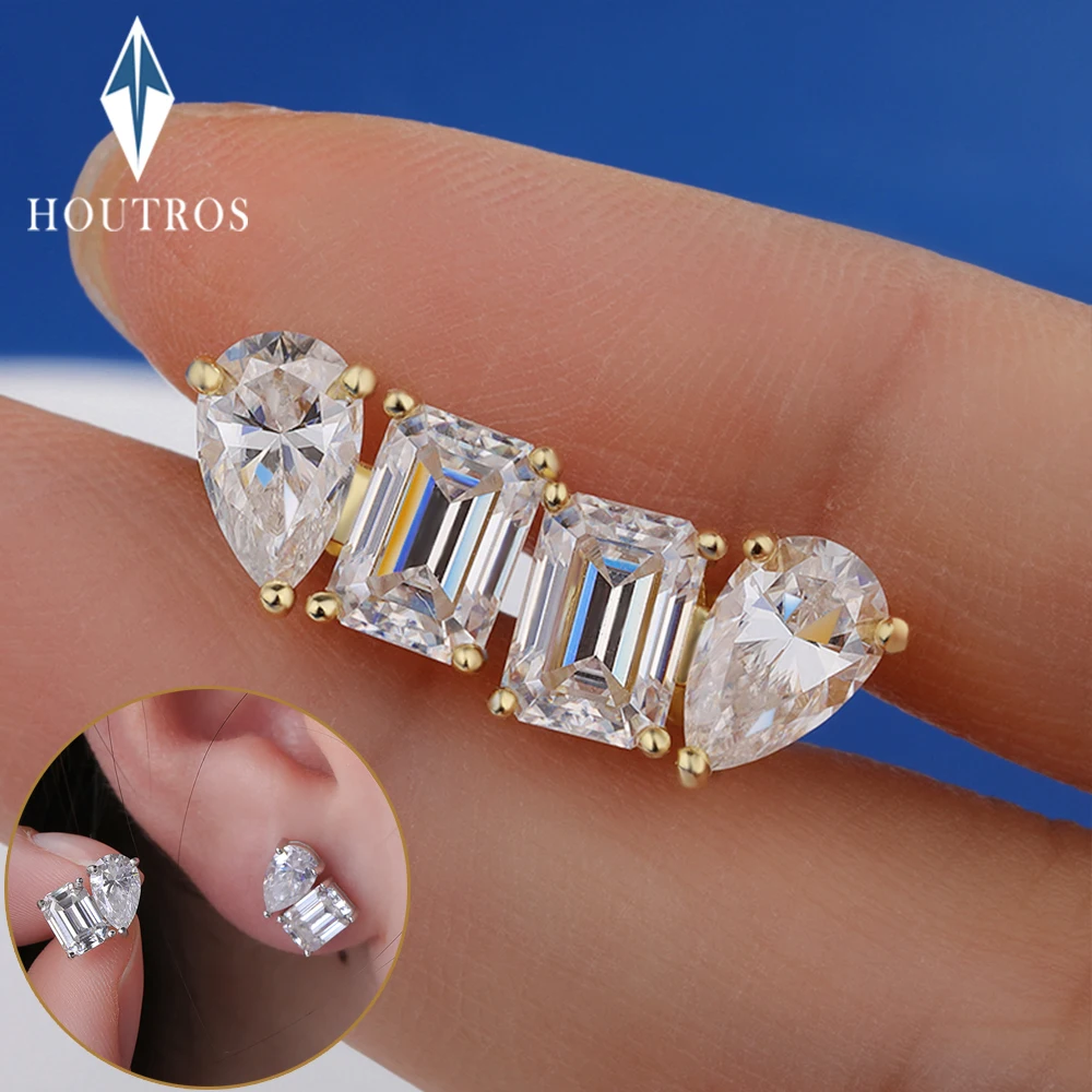 18K Gold Two Stone Moissanite Stud Earrings for Women 4cttw Pear Emerald Cut Moissanite Diamond Earring S925 Silver Jewelry Gift
