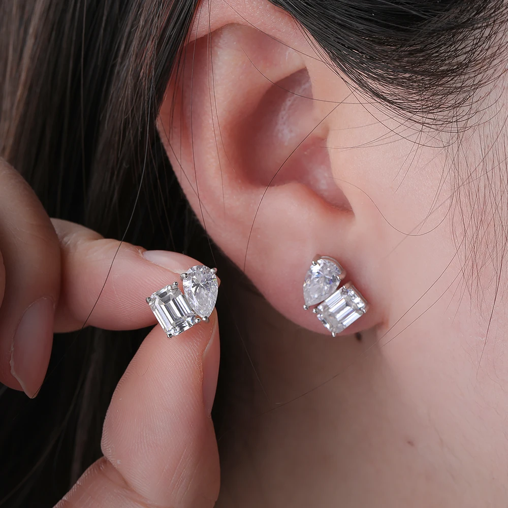 18K Gold Two Stone Moissanite Stud Earrings for Women 4cttw Pear Emerald Cut Moissanite Diamond Earring S925 Silver Jewelry Gift 18K Gold Two Stone Moissanite Stud Earrings for Women 4cttw Pear Emerald Cut Moissanite Diamond Earring S925 Silver Jewelry Gift