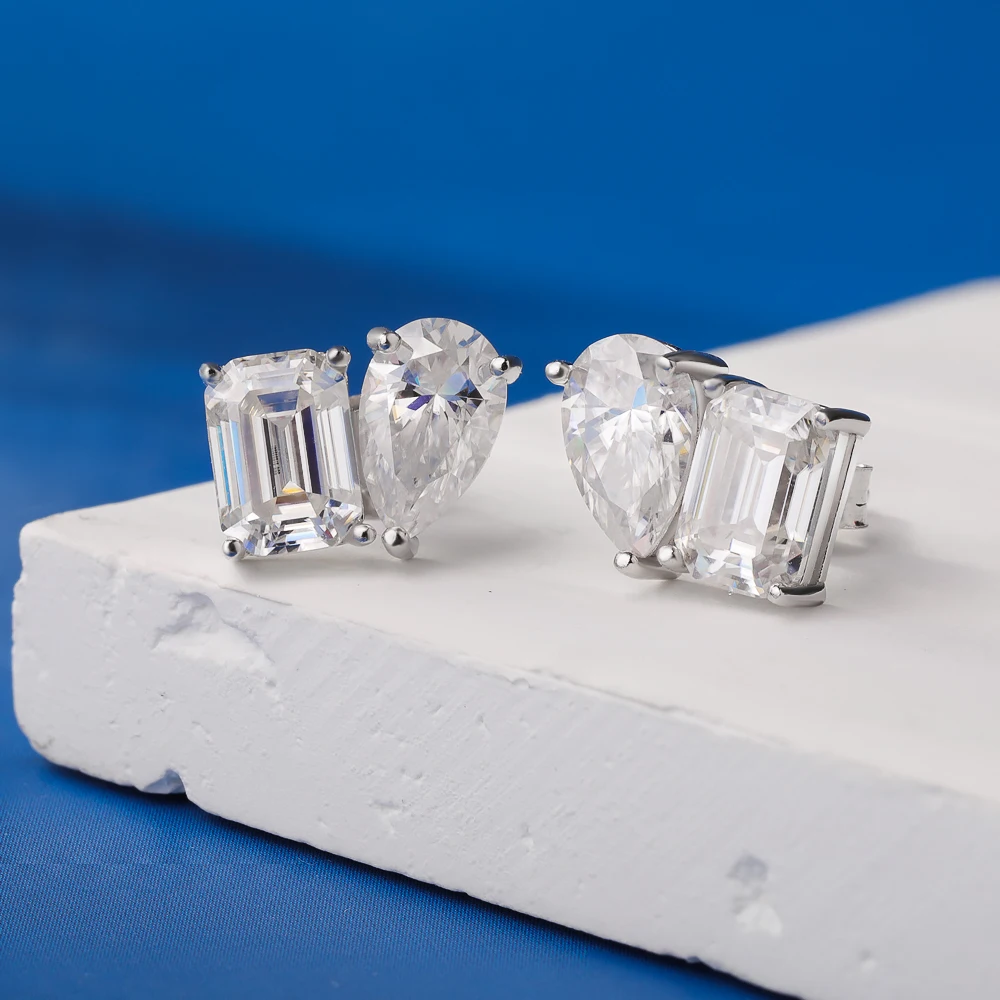 18K Gold Two Stone Moissanite Stud Earrings for Women 4cttw Pear Emerald Cut Moissanite Diamond Earring S925 Silver Jewelry Gift 18K Gold Two Stone Moissanite Stud Earrings for Women 4cttw Pear Emerald Cut Moissanite Diamond Earring S925 Silver Jewelry Gift