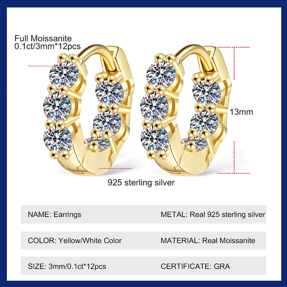 Sweetrain 3mm 4.5mm Full Moissanite Hoop Earrings for Women 925 Silver 18K Gold Plated Diamond Earring Wedding Fine Jewelry