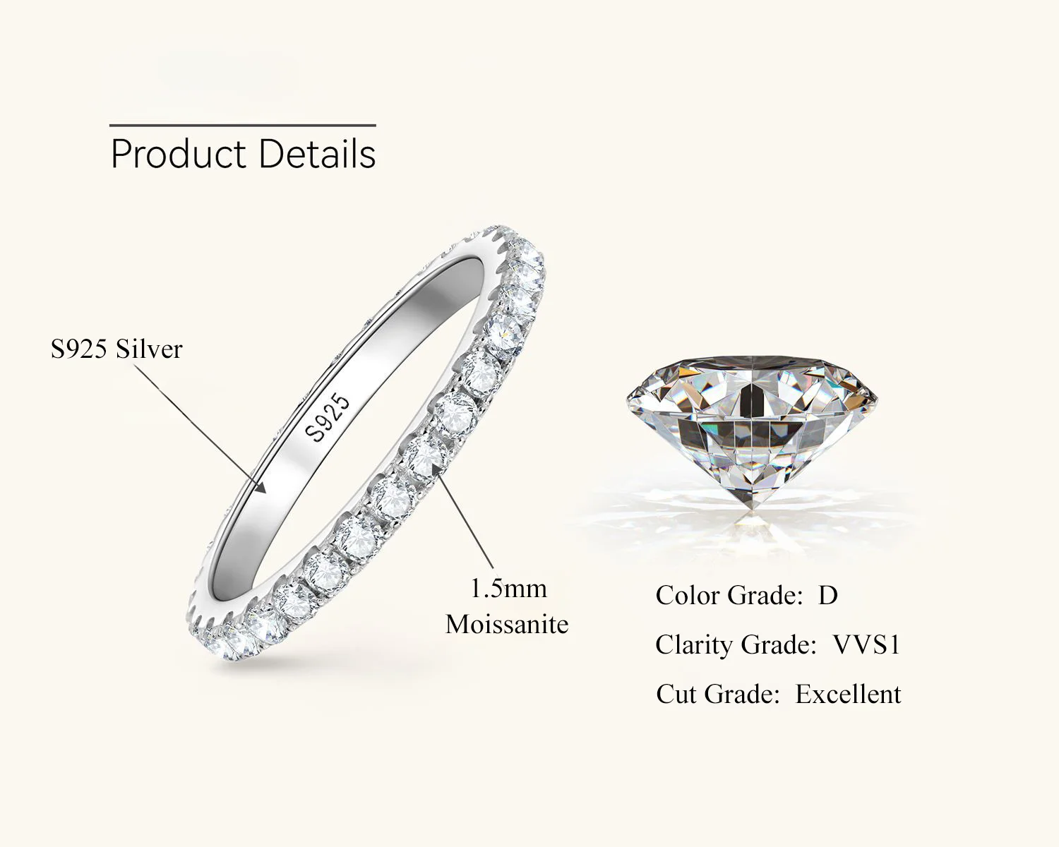D VVS1 Moissanite Ring 925 Sterling Sliver With GRA Certificate Eternity Band Wedding Engagement Rings For Women And Men