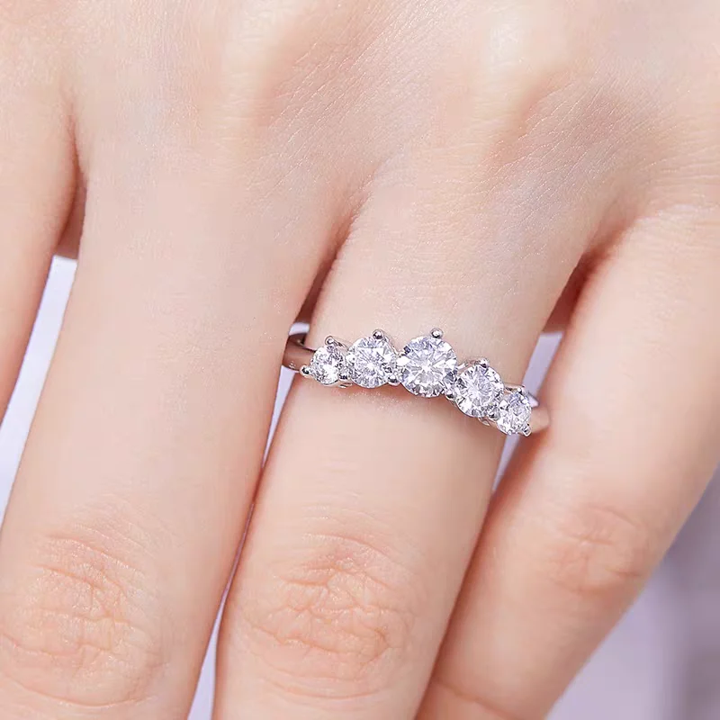 5 Stone Moissanite Wedding Rings Round Brilliant Cut Half Eternity Band 925 Silver 3mm Lab Diamond Wedding Ring for Women Men