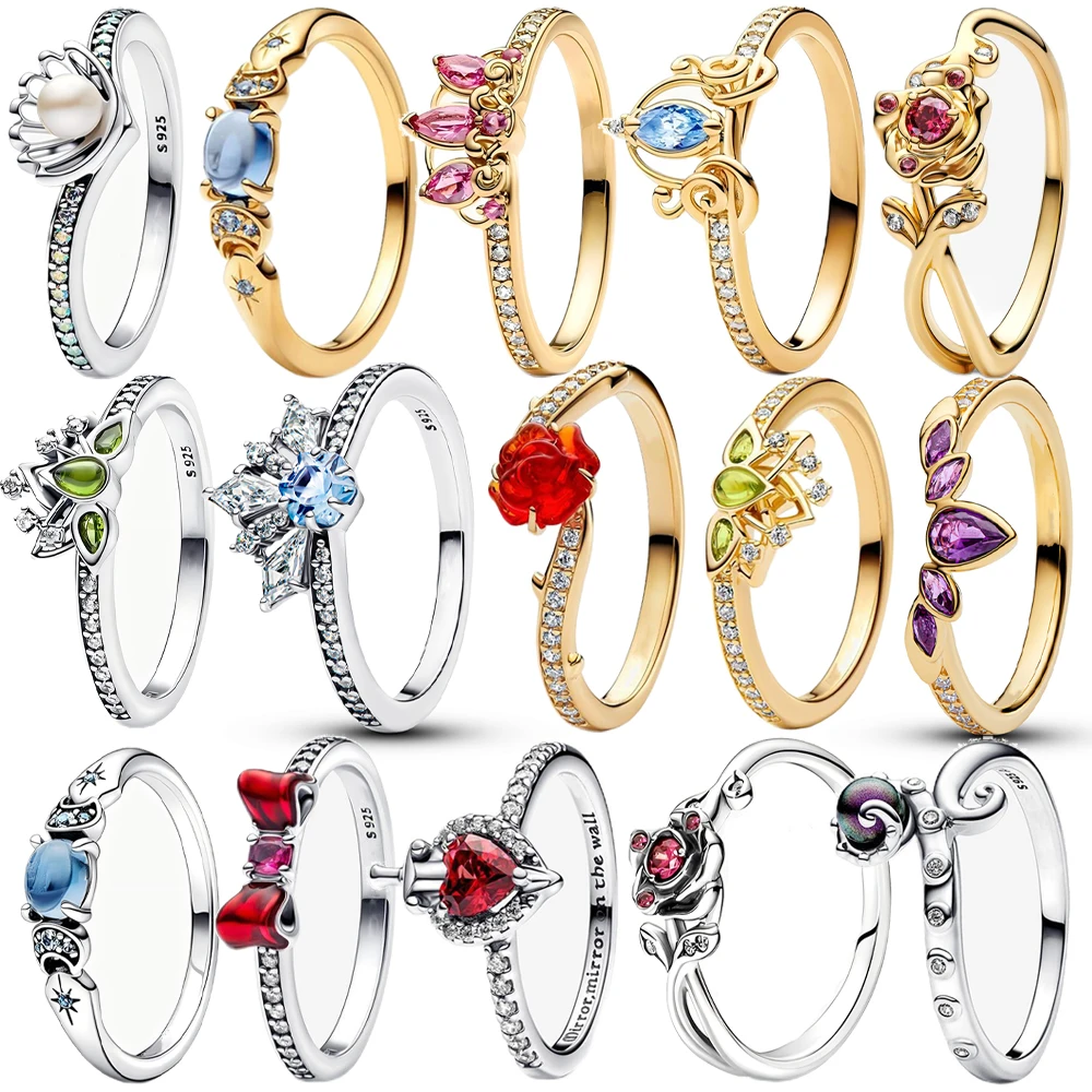 HOT 925 Sterling Silver All Princess Series Tiana Tiara,Aladdin Jasmine, Rapunzel Tiara Ring Women Finger Ring For Party Jewelry