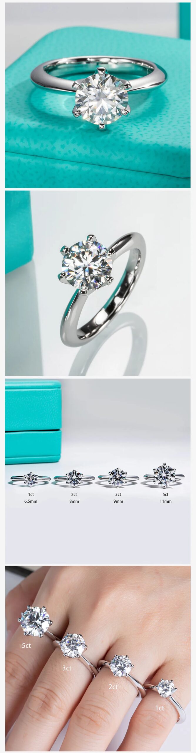 AnuJewel 1ct 2ct 3ct 5ct D Color Moissanite Engagement  Ring for Women 925 Sterling Silver Gold Plated Solitaire Rings Wholesale