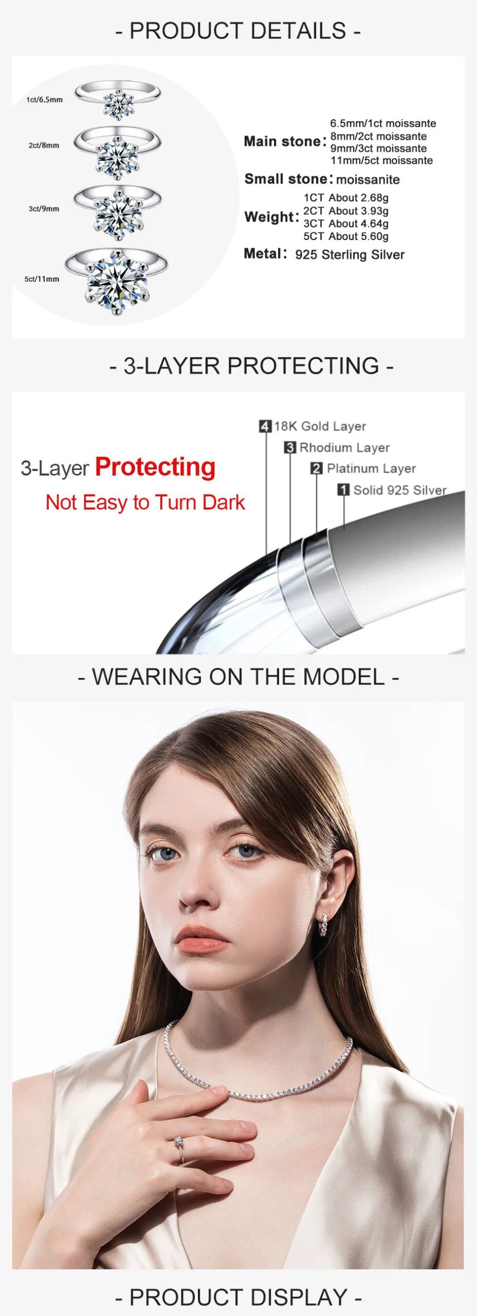 AnuJewel 1ct 2ct 3ct 5ct D Color Moissanite Engagement  Ring for Women 925 Sterling Silver Gold Plated Solitaire Rings Wholesale