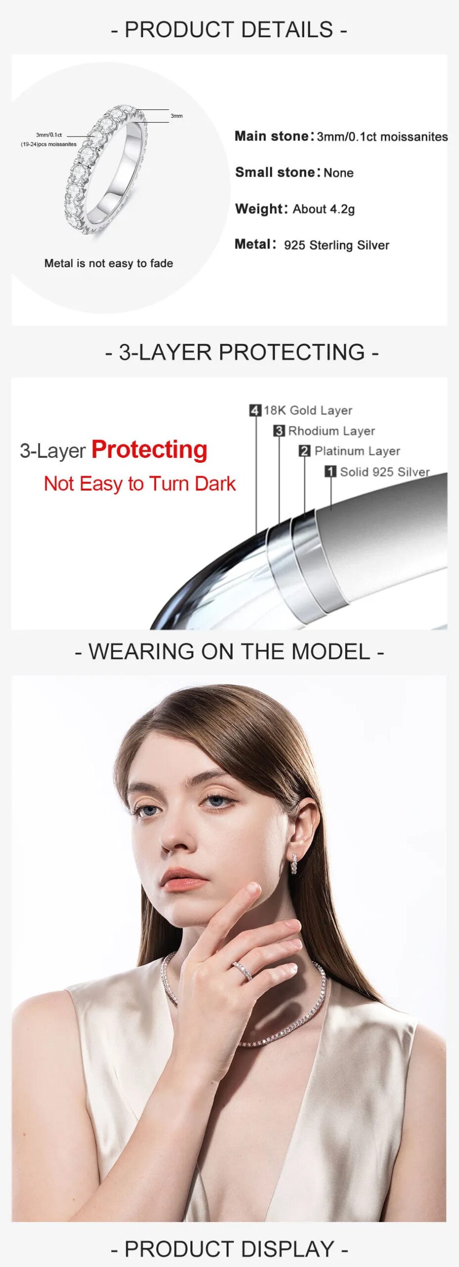 AnuJewel 3mm 2-3ct D Color Moissanite Wedding Band Ring 925 Sterling Silver Eternity Band Engagement Rings for Women