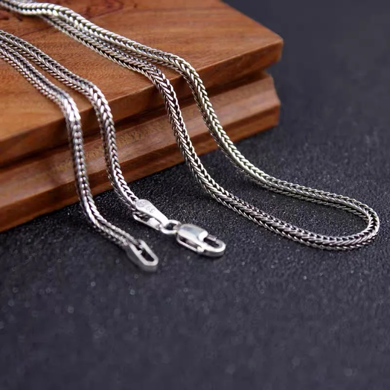 Pure Silver Jewelry Wholesale S925 Pure Silver Fox Tail Sweater Chain For Men And Women Vintage Style Thick Chain 3.0mm Necklace