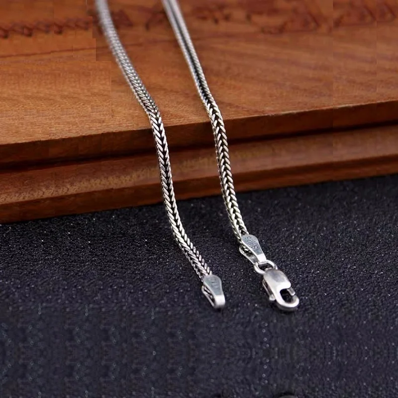 Pure Silver Jewelry Wholesale S925 Pure Silver Fox Tail Sweater Chain For Men And Women Vintage Style Thick Chain 3.0mm Necklace