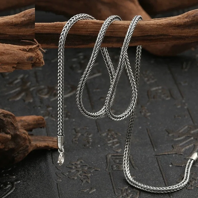 Pure Silver Jewelry Wholesale S925 Pure Silver Fox Tail Sweater Chain For Men And Women Vintage Style Thick Chain 3.0mm Necklace