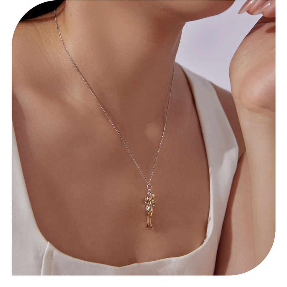 WOSTU Real 925 Silver Hug Couple Pendant Necklace For Love, Silver Gold Two-tone Him & Her embrace Pendant Valentine's Gift