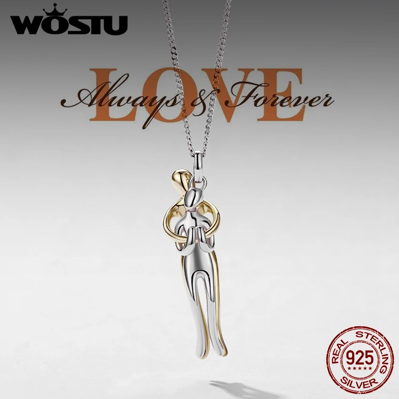 WOSTU Real 925 Silver Hug Couple Pendant Necklace For Love, Silver Gold Two-tone Him & Her embrace Pendant Valentine's Gift