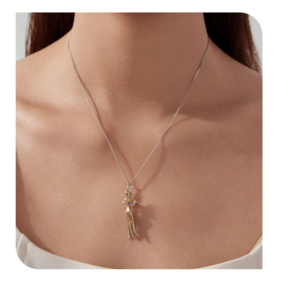 WOSTU Real 925 Silver Hug Couple Pendant Necklace For Love, Silver Gold Two-tone Him & Her embrace Pendant Valentine's Gift