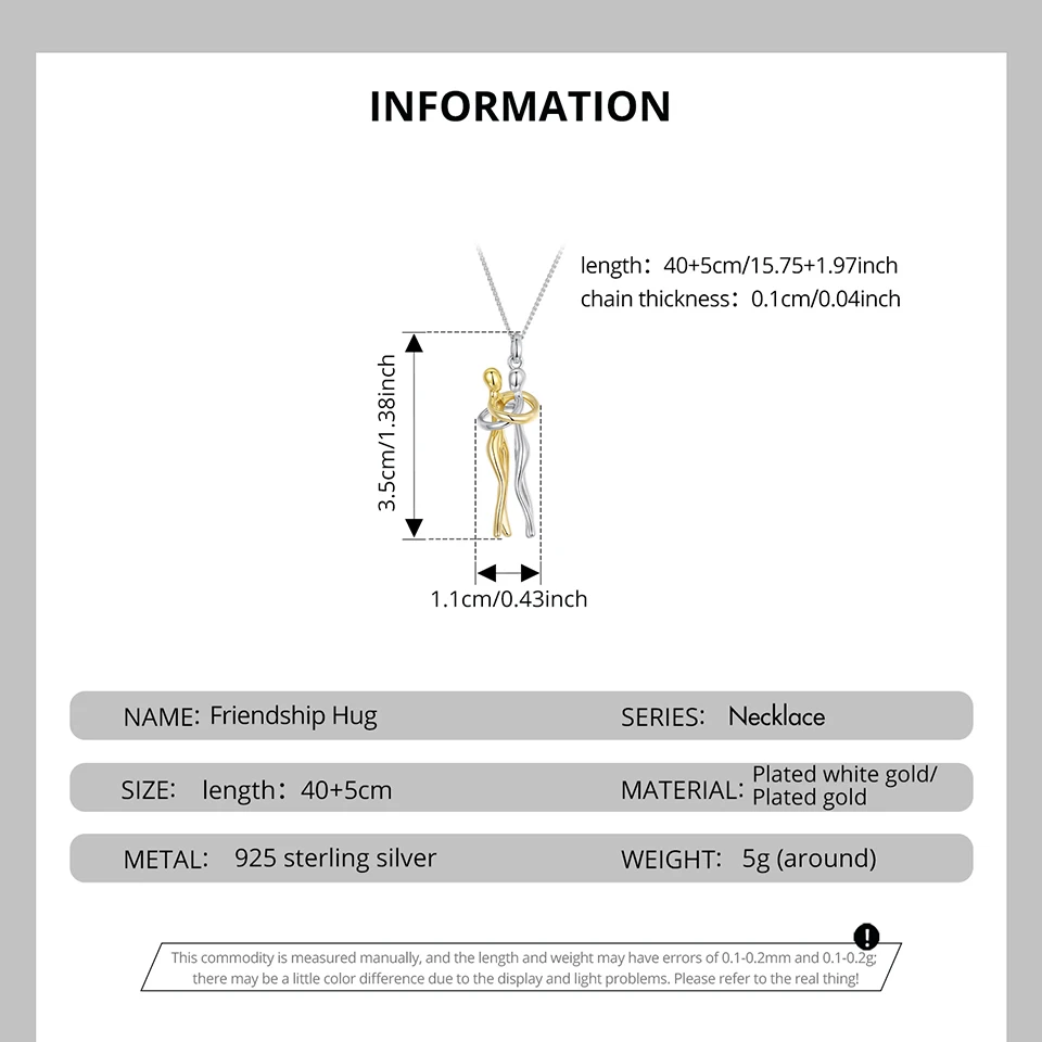 WOSTU Real 925 Silver Hug Couple Pendant Necklace For Love, Silver Gold Two-tone Him & Her embrace Pendant Valentine's Gift