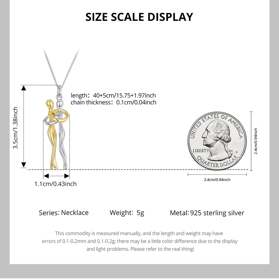 WOSTU Real 925 Silver Hug Couple Pendant Necklace For Love, Silver Gold Two-tone Him & Her embrace Pendant Valentine's Gift