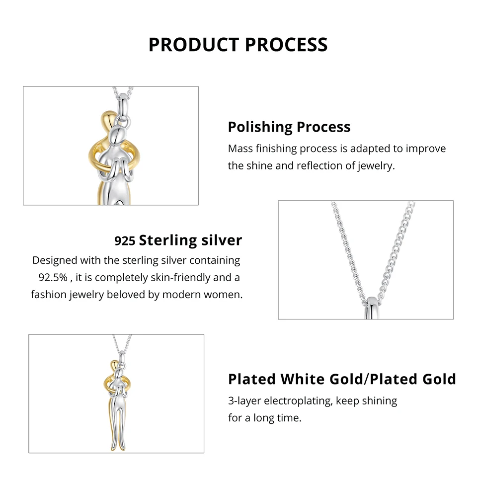 WOSTU Real 925 Silver Hug Couple Pendant Necklace For Love, Silver Gold Two-tone Him & Her embrace Pendant Valentine's Gift