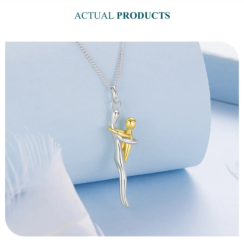 WOSTU Real 925 Sterling Silver Hug Embrace Pendant Necklace Silver Gold Two-tone Mom & Child Pendant Family Gift  Mom Jewelry