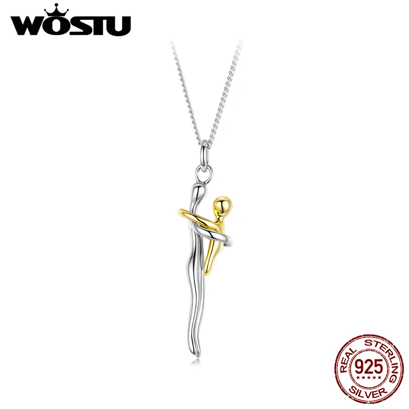 WOSTU Real 925 Sterling Silver Hug Embrace Pendant Necklace Silver Gold Two-tone Mom & Child Pendant Family Gift  Mom Jewelry