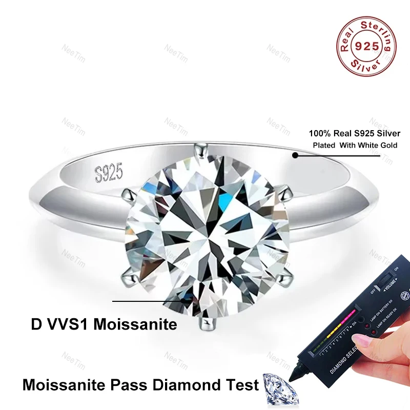 NeeTim 0.5-5ct Moissanite Ring For Women 925 Sterling Silver with White Gold Plated Lab Diamond Engagement Wedding Band Jewelry