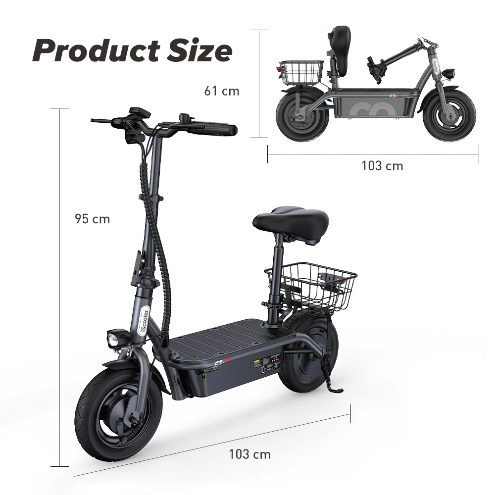 iScooter-F3 Bici Elettrica Pieghevole - Motore 1000W - Batteria 48V 13Ah - Pneumatici 10'' - Sedile e Cestino Portaoggetti - Bicicletta Elettrica Leggera