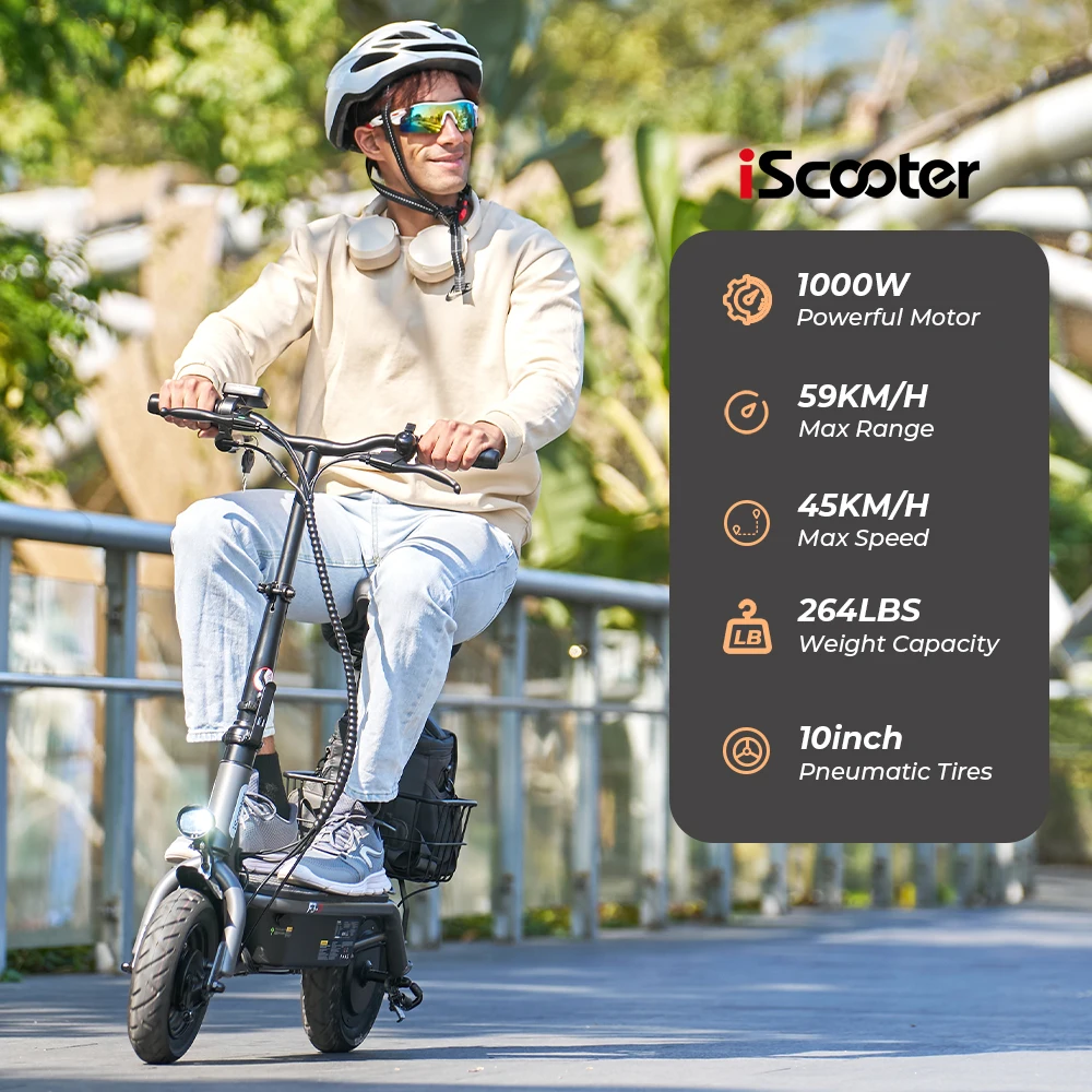 iScooter-F3 Bici Elettrica Pieghevole - Motore 1000W - Batteria 48V 13Ah - Pneumatici 10'' - Sedile e Cestino Portaoggetti - Bicicletta Elettrica Leggera