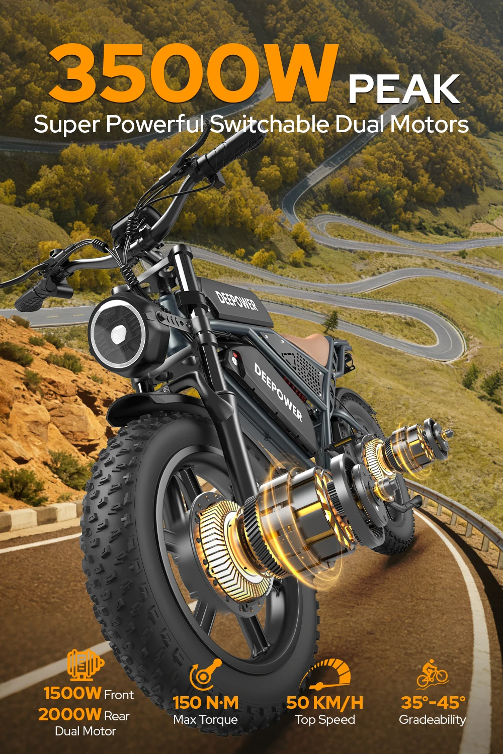 DEEPOWER S8 Bici elettrica 3500W Doppio motore 48V 60Ah Doppia batteria Bicicletta elettrica fuoristrada Pneumatici larghi 20 pollici Ebike per tutti i terreni